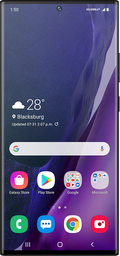 Samsung Android phone showing its home screen and apps
